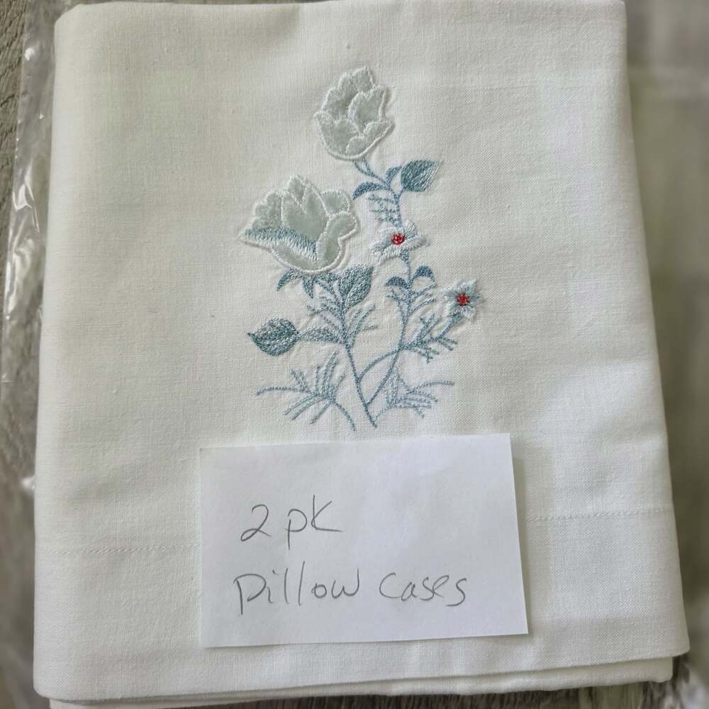 Vintage White & Blue Rose Embroidered Pillowcases White Cottagecore Floral